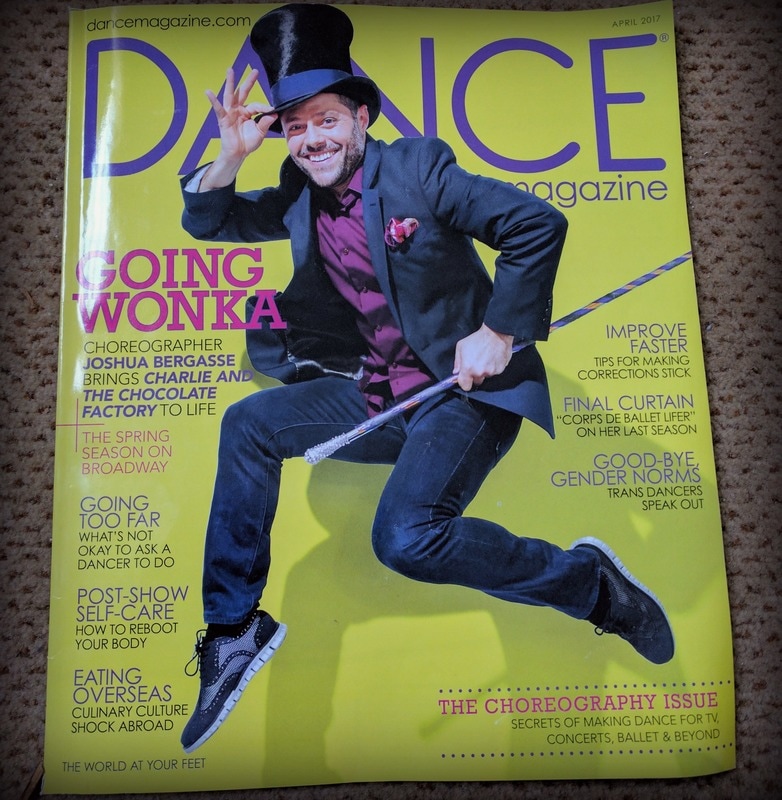 Magazine cover Dancer jumps, holds his top hat Background a lime green