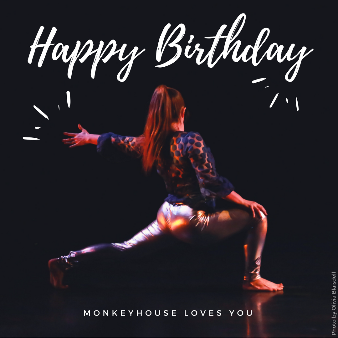 Happy Birthday!  Monkeyhouse Loves You!  Woman in a lunge reaching her left hand behind her  Photo by Olivia Blaisdell