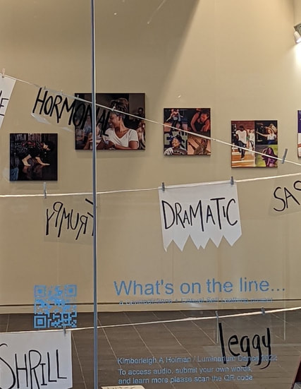 Kim Holman's What's on the Line... installed at Complex @ Canal. Clotheslines crisscross the foreground of a gallery space. On the line hang opaque and transparent sheets with words like Shrill, Leggy, Sassy handwritten on them. 