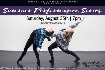 Two dancers in flannel, one supports the other. Text: OnStage Dance Company Presents Summer Performance Series Saturday August 25th 7pm