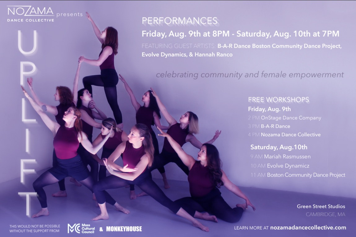 Poster for Nozama Dance Collective’s Uplift concert.   Nine women reaching towards the upper left corner