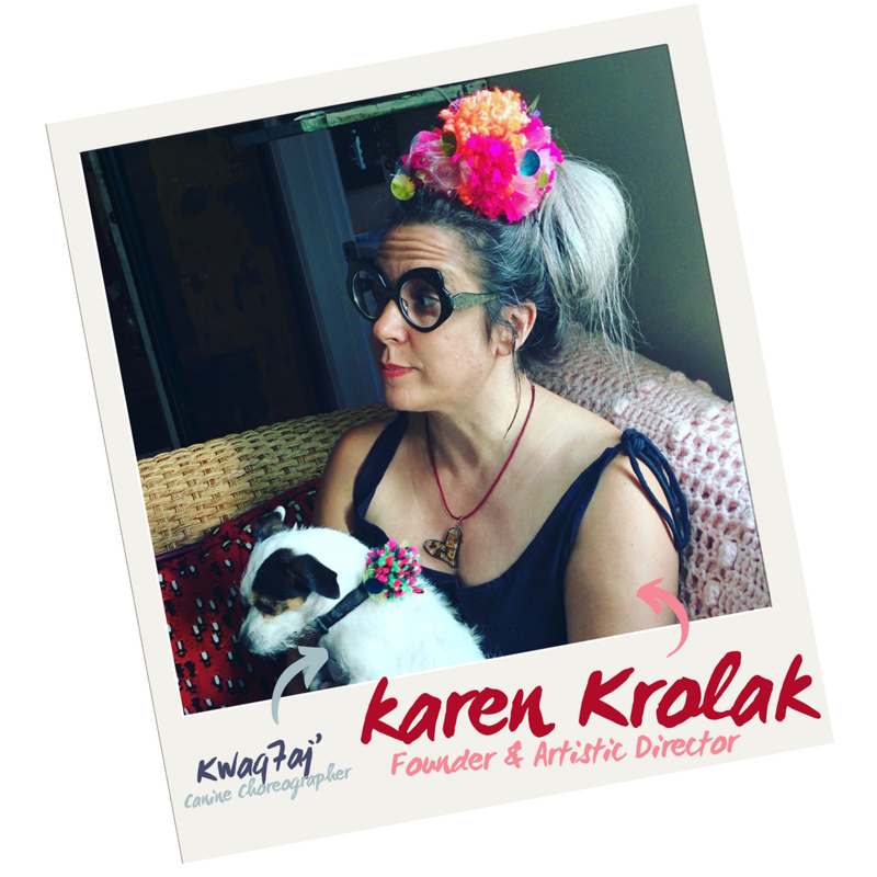 karen Krolak, Monkeyhouse’s founder and Artistic Director and Kwaq71j’ (pronounced “quacks”), Monkeyhouse’s Canine Choreographer.