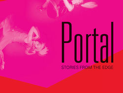 Pink and red background with white images of dancers. Black Text reads: Portal: Stories from the Edge